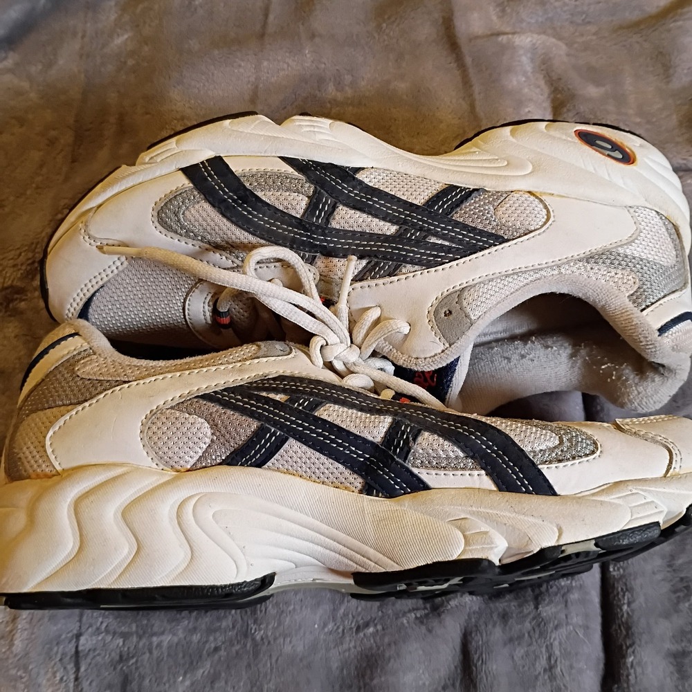 Vintage Asics TK30C Mens 8.5 White Navy Silver Chunky Y2K Retro Dad Shoe Sneaker